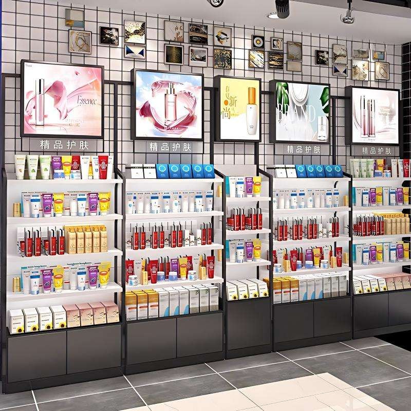 Cosmetic product display stands DS-28, a five-bay illuminated wall-run skincare shelving system with poster lightbox headers and black storage bases