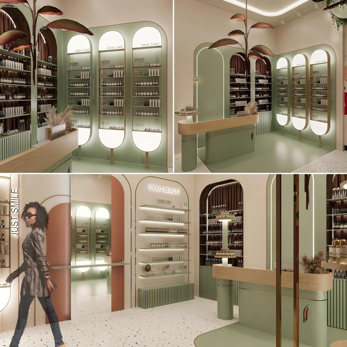 Cosmetic Retail Shop Design BS-10 — mint arched display walls with lit oval niches