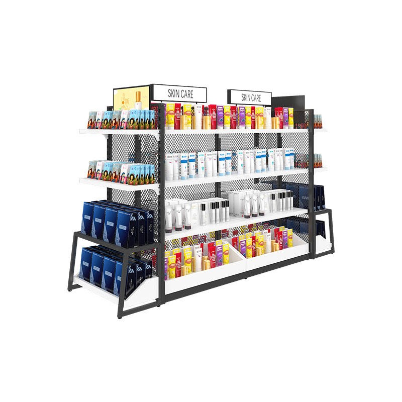 Cosmetic shelf display DS-27 in black and white, a double-sided skincare island with perforated diamond mesh back panels and four white shelves, on a white background
