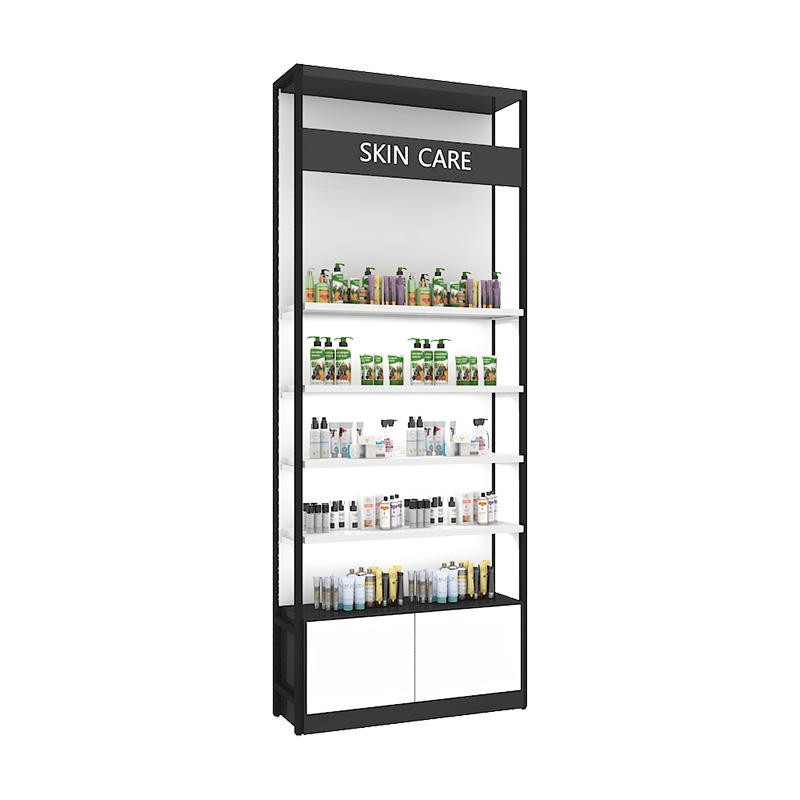 Cosmetics display DS-29 single-column floor tower with five white shelves, a black header band and a white storage cabinet, on a white background
