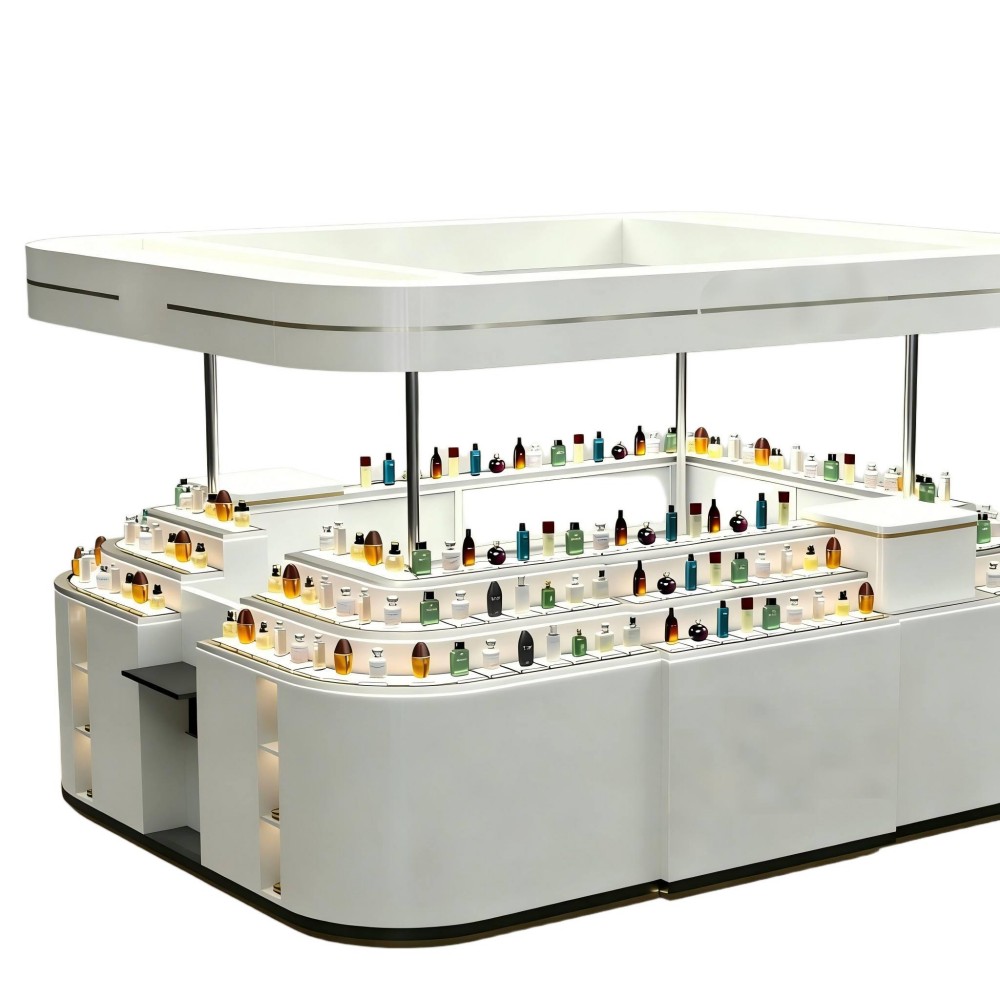 Cosmetics kiosk MK-28 three-quarter view, a white gloss mall island kiosk with a suspended ceiling canopy and three LED-lit display tiers stocked with perfume and skincare bottles