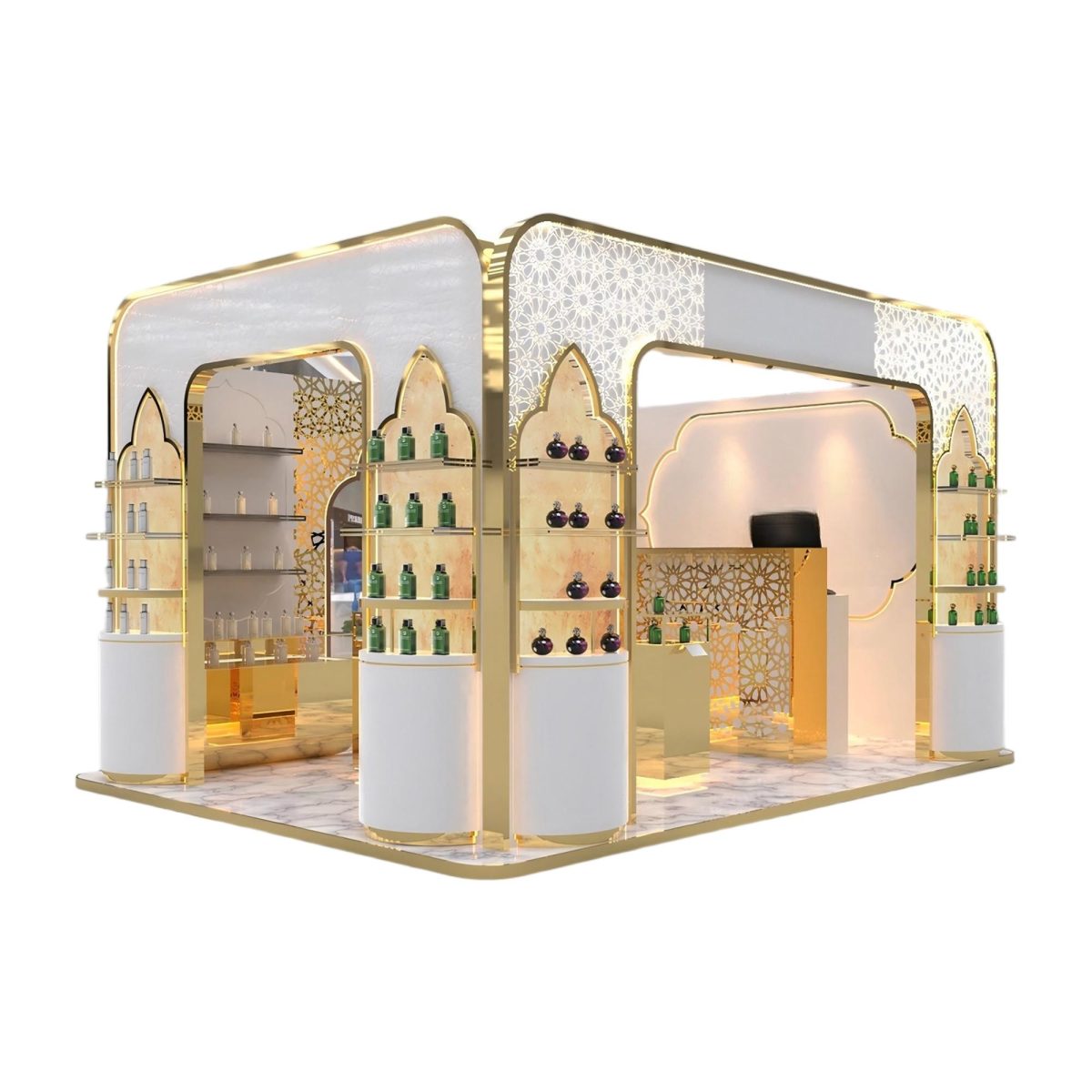 gold and white Moroccan style custom mall kiosk perfume pavilion with horseshoe arches, glowing patterned screens and marble floor