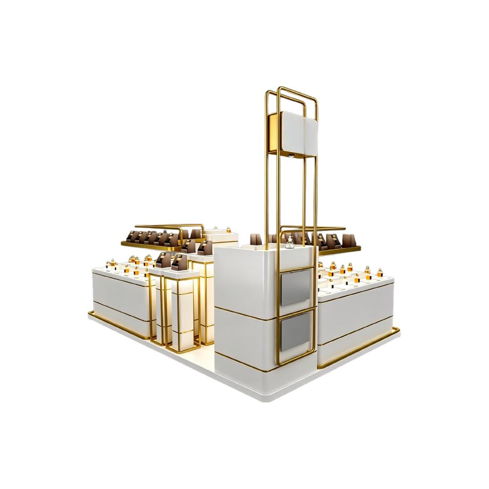 curved high-gloss white counter with gold inlays merchandised with gold-capped perfume bottles
