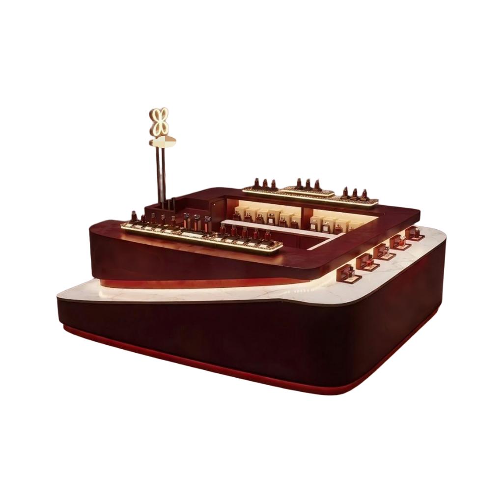burgundy and marble two-tier display case for perfume bottles on white background with illuminated decks and a glowing flower logo