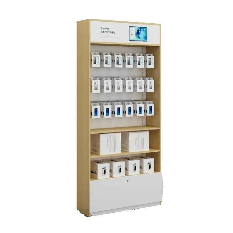 Oak display shelf case with a backlit header and five tiers above a white lockable base