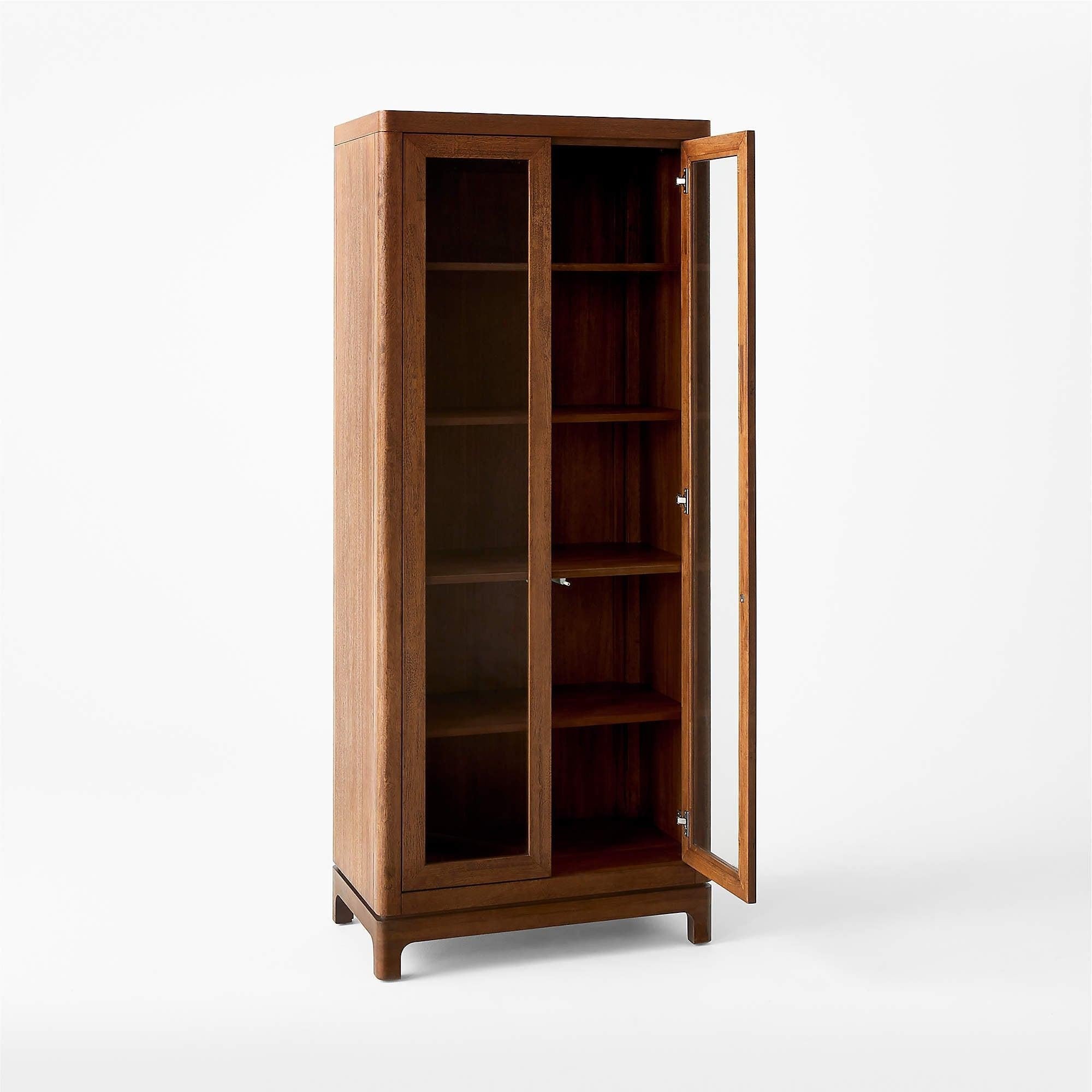 Glass curio cabinet in walnut with double glass doors, one open to show five wooden shelves