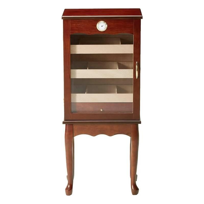 Mahogany humidor cabinet with drawers, a top clock and a glass door, standing on shaped cabriole legs