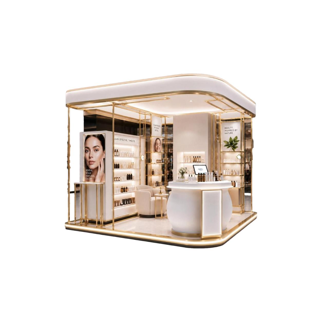 oval white demo counter with tester station beside the cream consultation armchair and gold side table