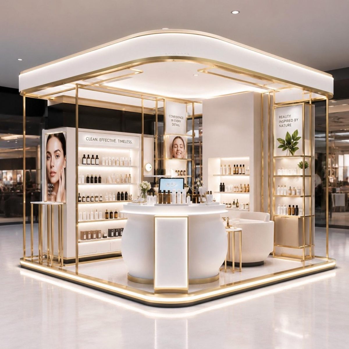 white and gold open-frame instore kiosk skincare pavilion with curved lit fascia, oval demo counter and consultation chair