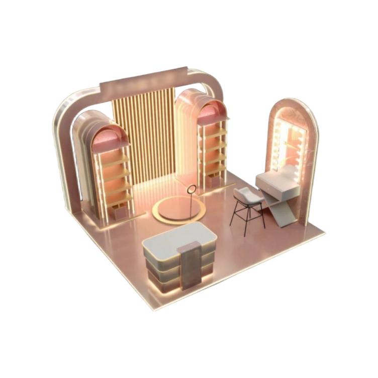 on-site collage of the pink beauty booth with lit bulb vanity mirror, stool and neon arch in a mall