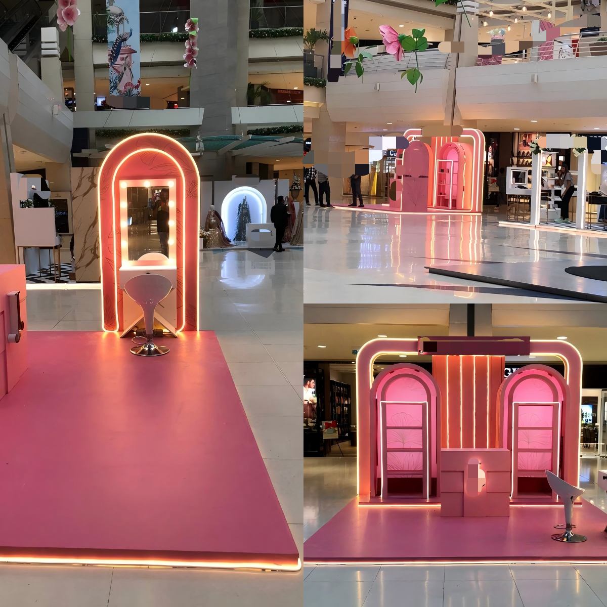 pink neon arch makeup counter display booth with bulb vanity mirror, stool, fluted gold back panel and arched shelving, 3D render