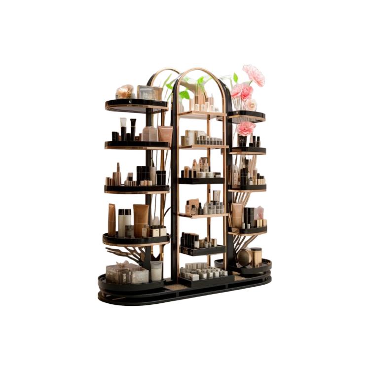 Makeup display rack DS-34 arch version with black and gold frame, oval shelves and a poster lightbox
