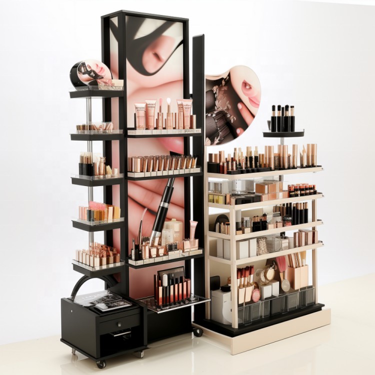 Makeup display rack DS-34 in black and gold, a freestanding cosmetics display stand with round shelves, a mirror and a poster lightbox, on a white background