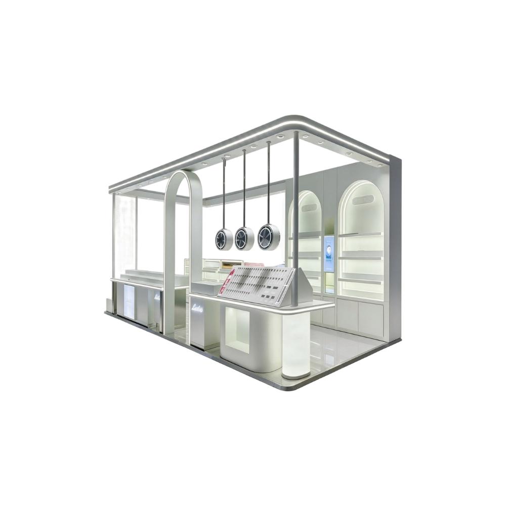 white-background render of the silver makeup kiosk showing glowing arched niches, ring pendants and sloped tester bar