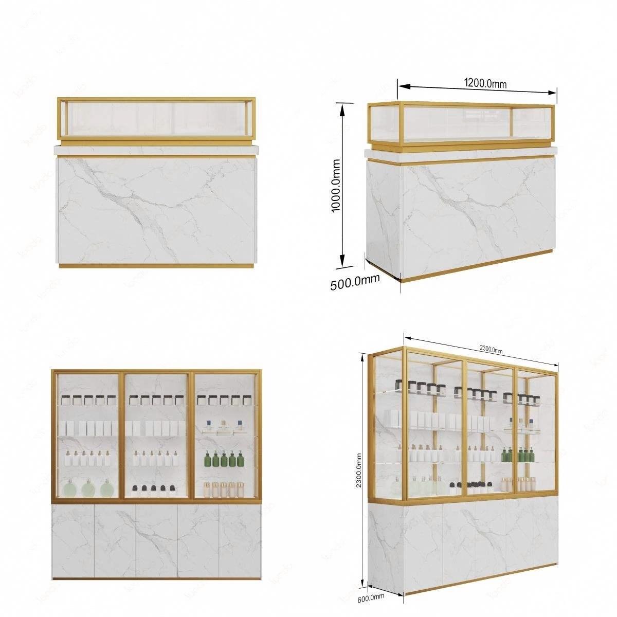 dimensioned engineering render of white marble and gold mall kiosk fixtures showing the low counter and tall display cabinet with mm measurements
