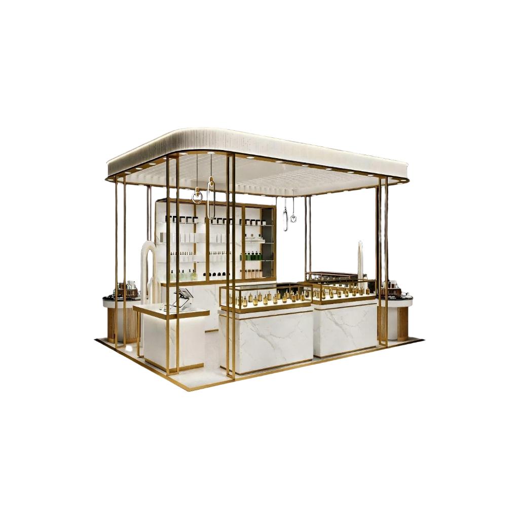 the low counter and tall marble-and-gold cabinet shown together as a coordinated fixture set