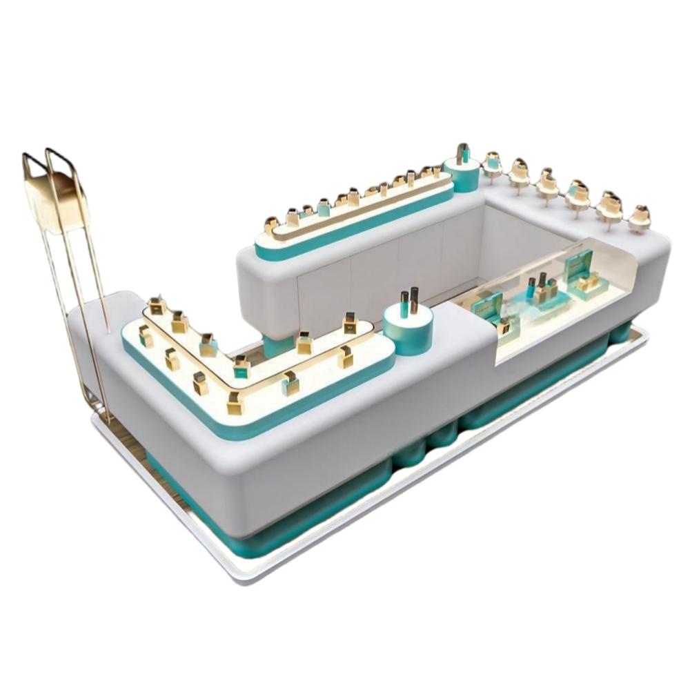 Mall kiosk for sale MK-29 three-quarter view, a white and turquoise jewelry island kiosk with gold ring stands, a glass-top showcase and a gold-framed mirror