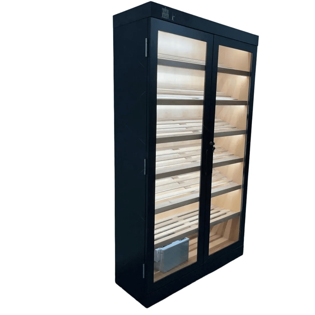 Metal display cabinet in black steel with double glass doors and lit cedar slat shelves