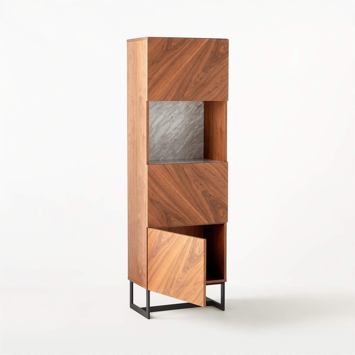 Modern display cabinet in walnut with an open niche, a marble back panel and a black steel base