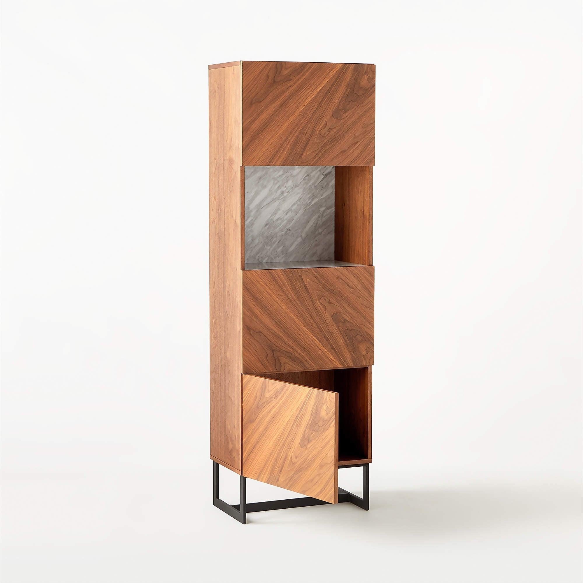 Modern display cabinet in walnut with an open niche, a marble back panel and a black steel base