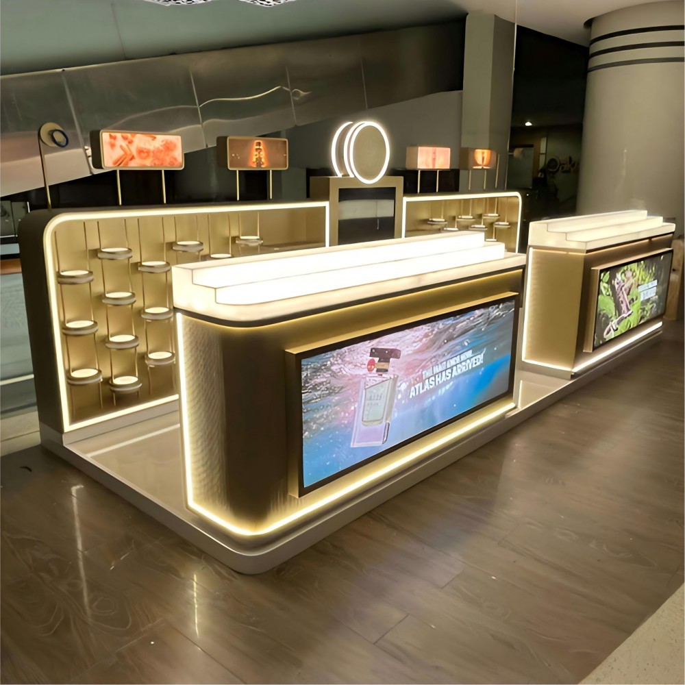 modern champagne gold beauty kiosk design on white background with a wide LED screen, illuminated decks and round ring logos