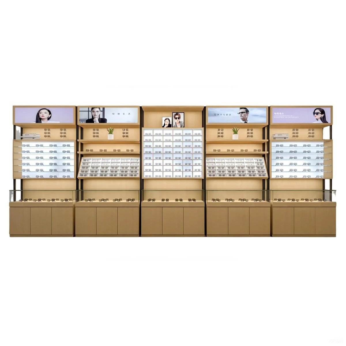 White background optical shop display wall unit for eyeglasses with backlit poster panels
