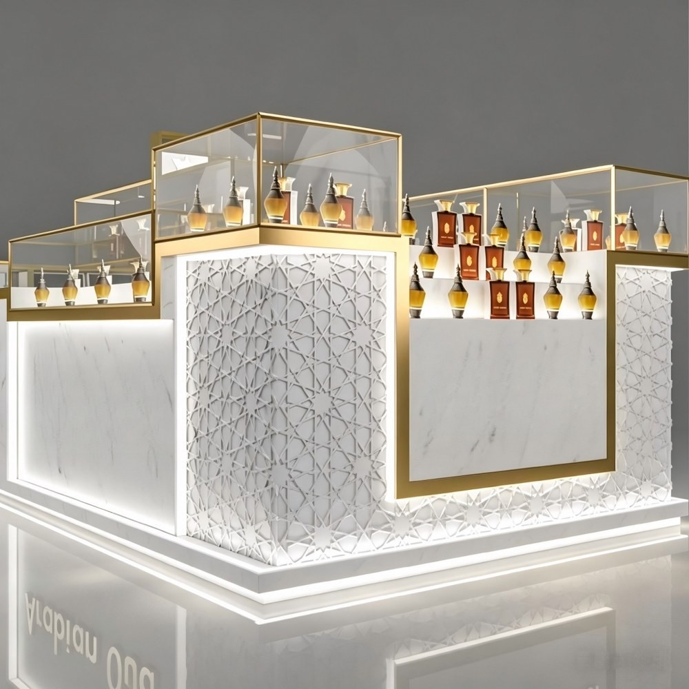 white and gold oud perfume display stand for shop with backlit geometric star lattice panels and gold-framed glass showcase, 3D render