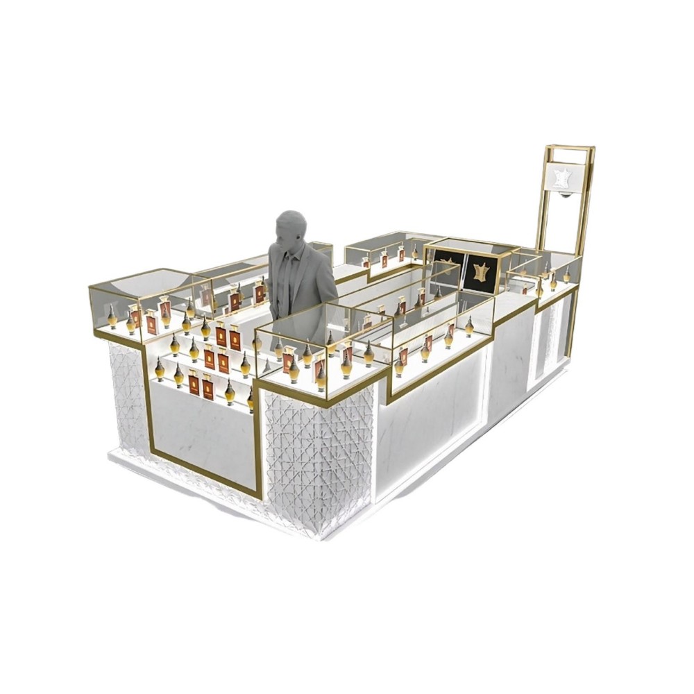 stepped gold-framed glass showcases holding ornate oud bottles and red gift boxes