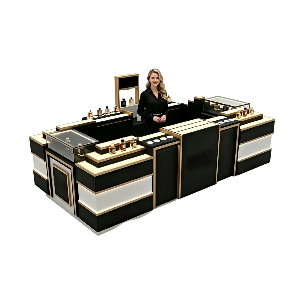 black and gold tiered perfume display unit with a staff member in the central well, stepped decks and a glass showcase