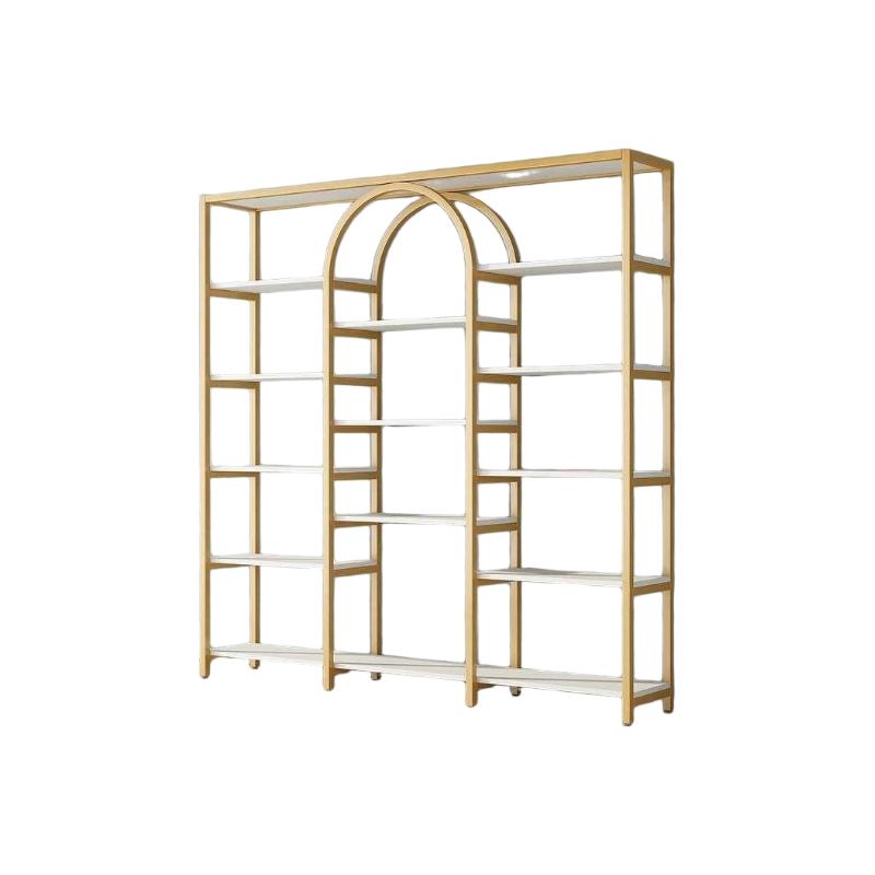 Rack display stand DS-32 in brushed gold, a 2000 mm freestanding open display rack with a tall central arch and six white shelves, on a white background