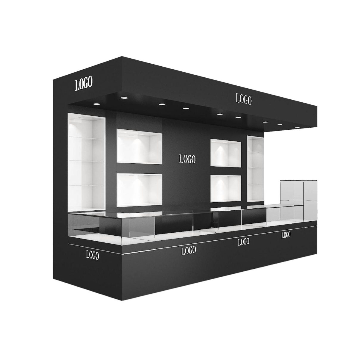 black and white minimalist retail kiosk for sale on white background with lit tower cabinets, wall niches and long glass counter