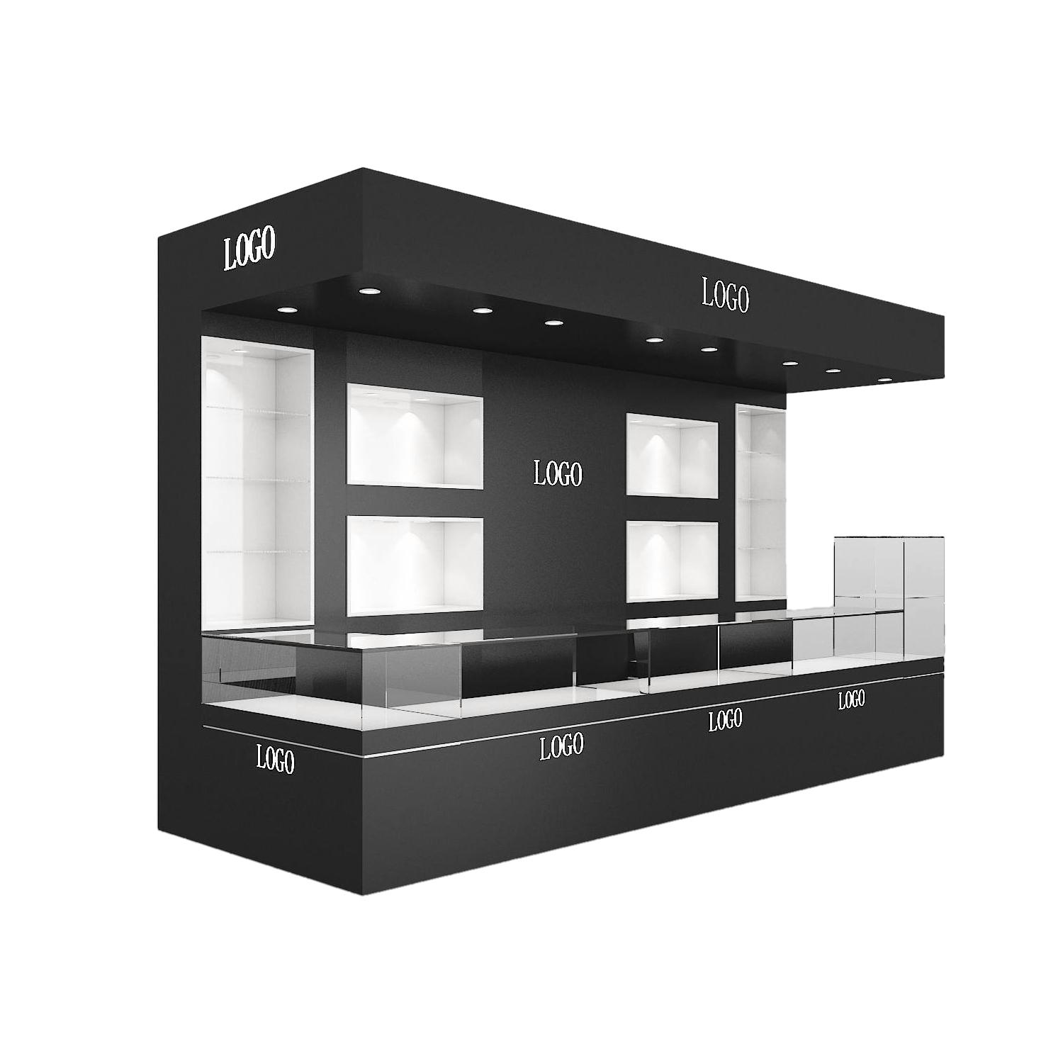 black and white minimalist retail kiosk for sale on white background with lit tower cabinets, wall niches and long glass counter