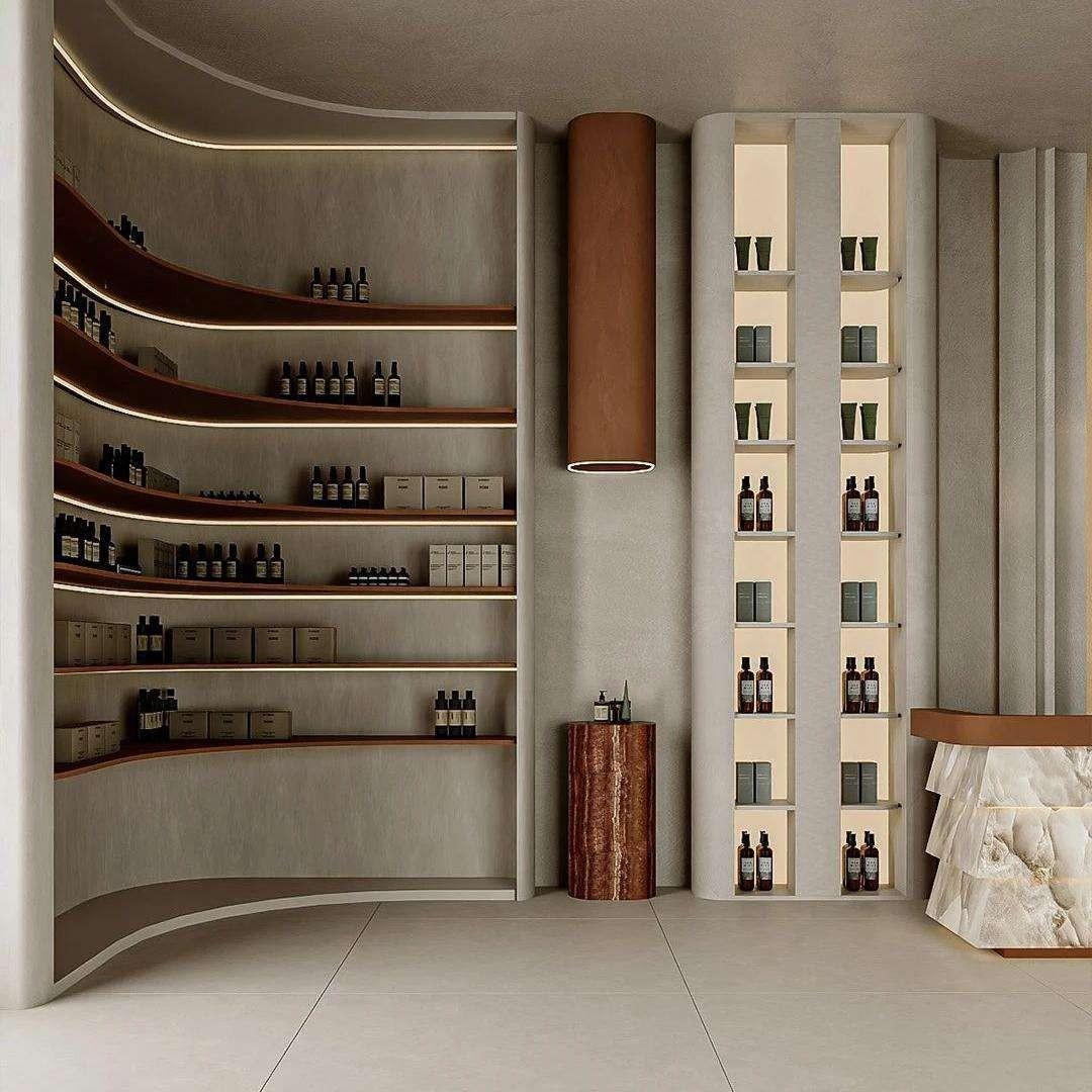 Retail Space Design BS-07 — curved wall with wavy backlit timber ledges