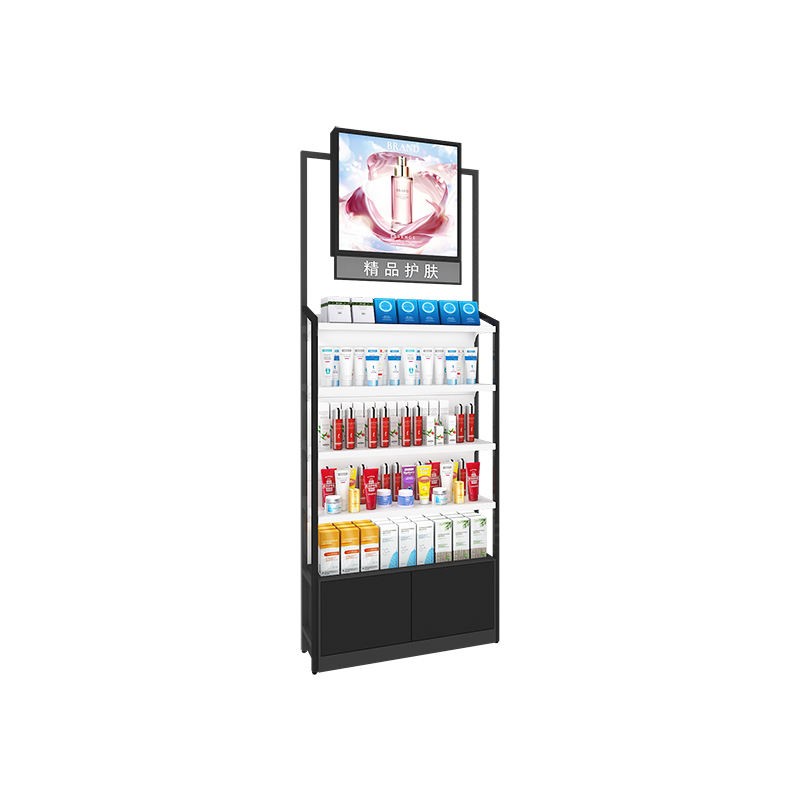 Cosmetic product display stands DS-28 front view of the modular wall run with illuminated back panels and black base cabinets