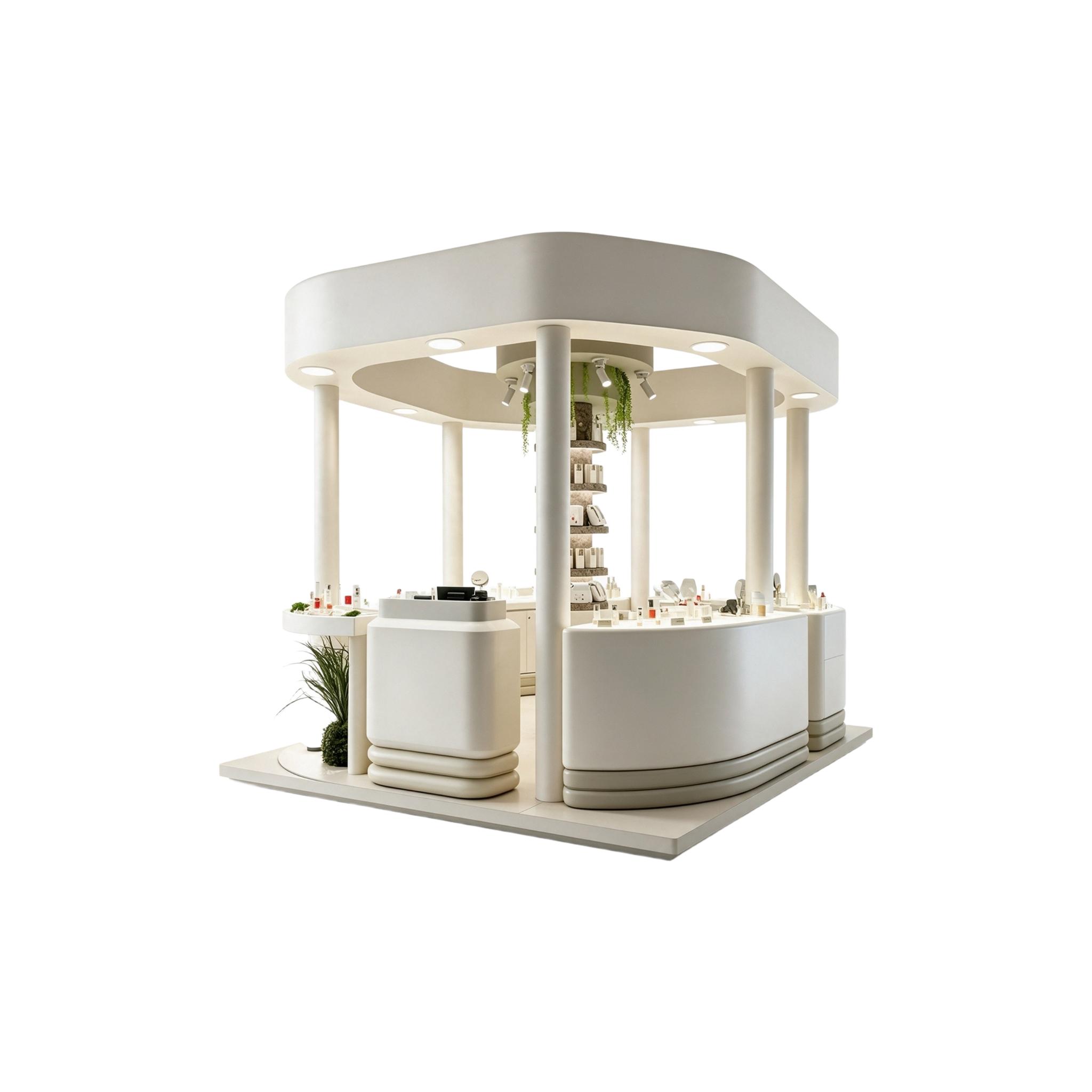 white-background render of the organic beauty island showing rounded tester counters and the central rotating skincare shelf