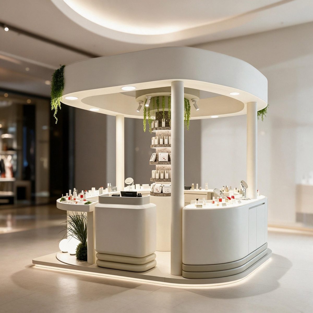 cream white organic skincare shelf beauty island kiosk on pure white background with rounded canopy, columns, hanging greenery and central rotating shelf
