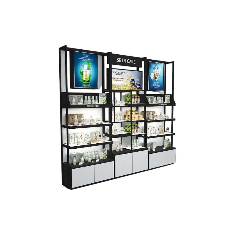 Store display shelving DS-35 front view of the repeatable bays with illuminated back panels and white base cabinets
