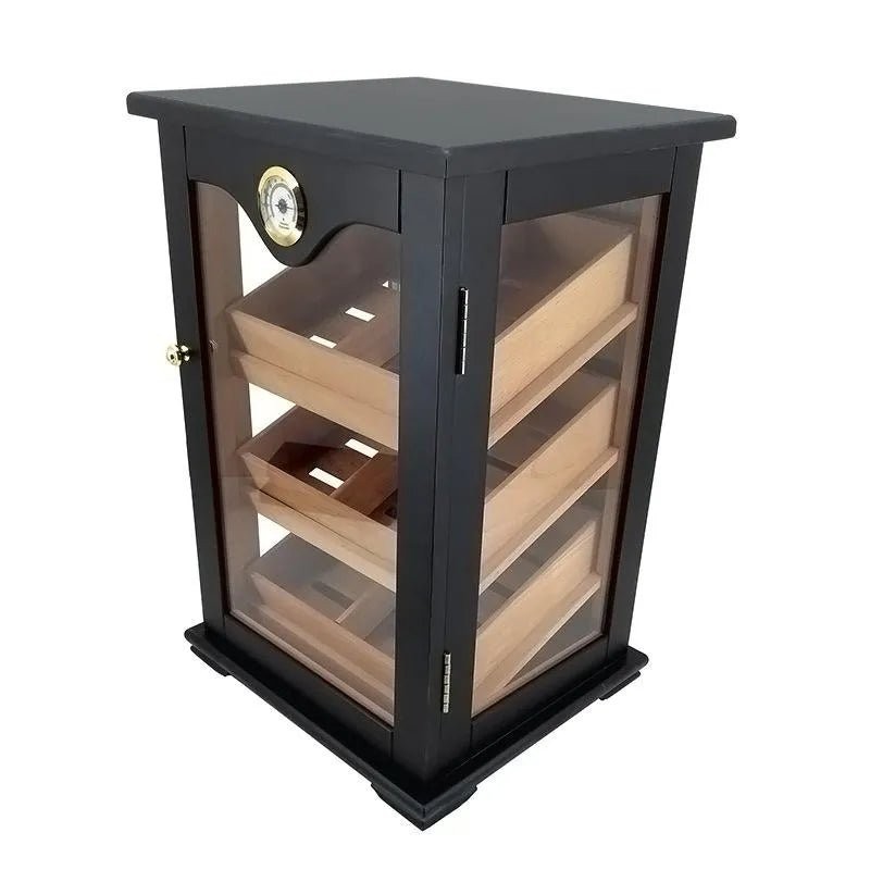 Tobacco display cabinet in black with a top clock, a glass door and cedar drawers
