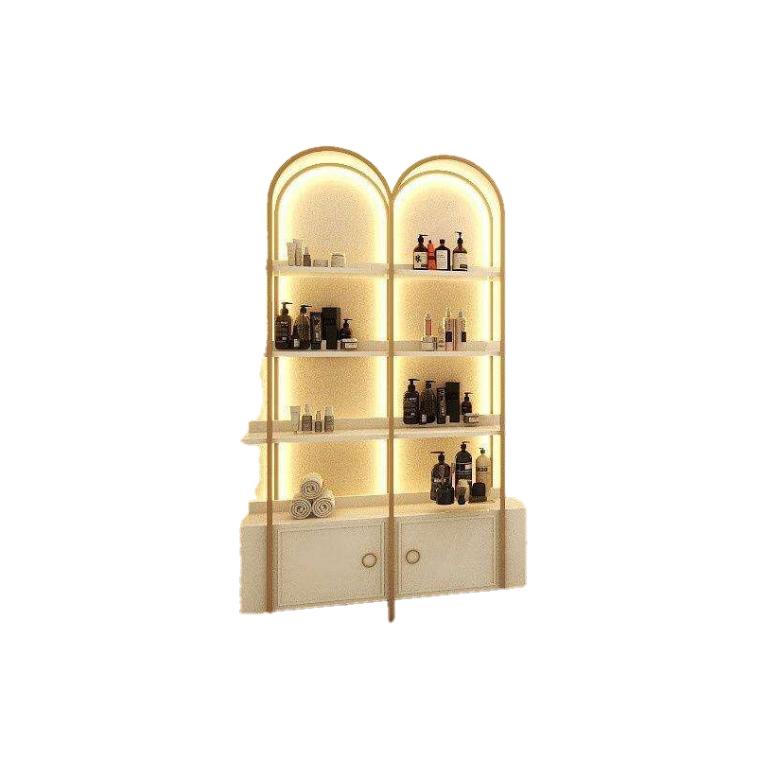 Wall mounted shelf display DS-36 in brushed gold, a double-arch backlit display shelf with four white shelves and a two-door storage cabinet, on a white background