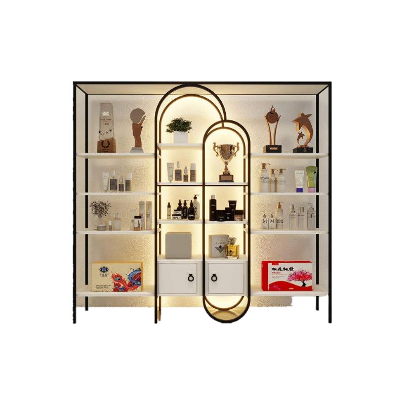 Wall shelf display DS-30 front view showing the arch column, four white shelves and the warm backlit back panel