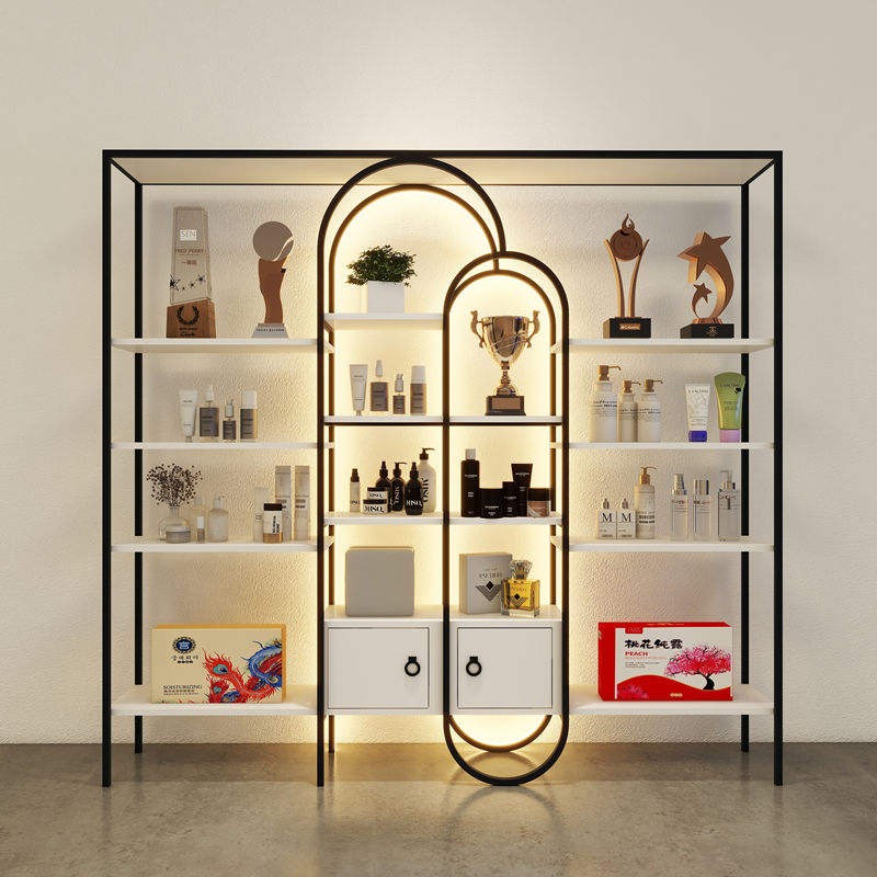 Wall shelf display DS-30, a wall-mounted arch display shelf with warm backlighting, four white shelves and a white drawer cabinet, on a white background