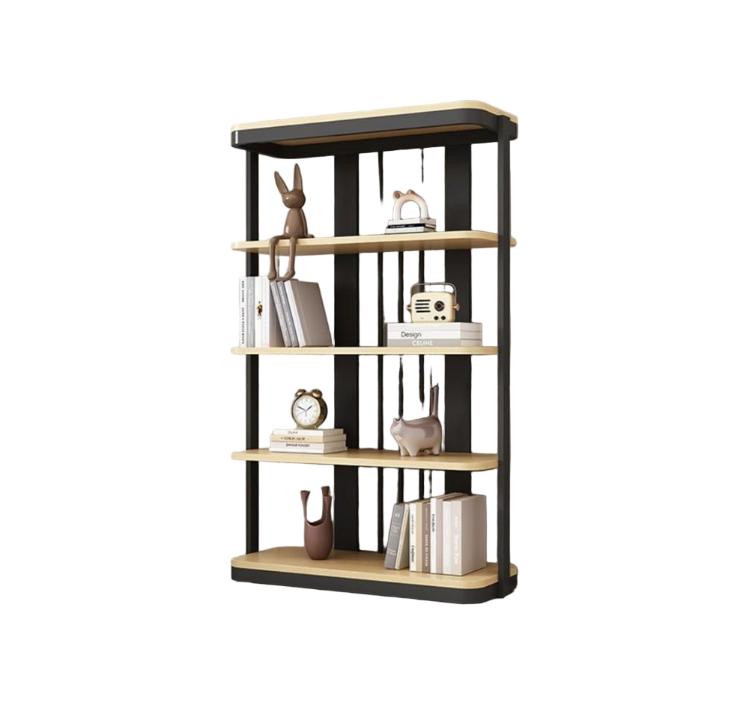 Wooden display shelf DS-31 in black and light oak, a freestanding four-tier open shelf with a slatted back panel and a canopy top, on a white background